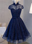 High Neck Homecoming Dress, Lace Dark Navy Lace up Short Prom Dresses