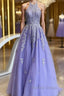 High Neck Long Purple Lace Prom Dress, Purple Lace Prom Dresses