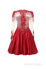 High Neck Long Sleeves With Applique Red Homecoming Dresses