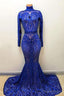 High Neck Long Sleevess Crystal Beading Appliques Mermaid Prom Gown
