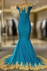 High Neck Mermaid Gold Lace Prom Dresses with Chic Keyhole