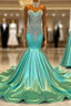 High Neck Mermaid Mint Green Satin Prom Dresses