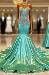 High Neck Mermaid Mint Green Satin Prom Dresses