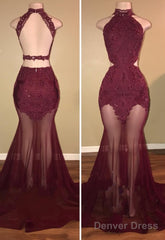 High-Neck Mermaid Tulle Lace Burgundy Prom Dresses