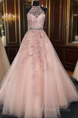 High Neck Pink Lace Prom Dresses, Pink Lace Formal Evening Graduation Dresses