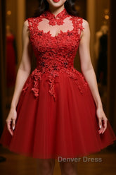 High Neck Red Lace Short Prom Dresses, Red Lace Homecoming Dresses, Red Formal Graduation Evening Dresses