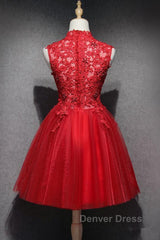 High Neck Red Lace Short Prom Dresses, Red Lace Homecoming Dresses, Red Formal Graduation Evening Dresses