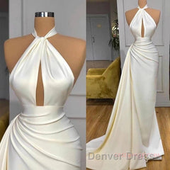 High Neck Satin Ivory Keyhole Ruched Prom Dresses