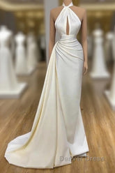 High Neck Satin Ivory Keyhole Ruched Prom Dresses