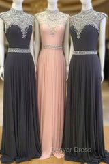 High Neck Sequin Bead Chiffon Long Prom Dresses, Evening Dresses