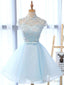 High Neck Short Blue Lace Prom Dress, Short Blue Lace Graduation Homecoming Dresses