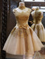 High Neck Short Golden Lace Prom Dress, Short Graduation Dress, Homecoming Dresses