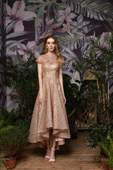 High neck Short Sleeve Champagne Sequined High Low Prom Dresses