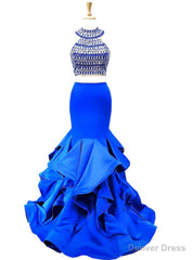 High Neck Sleeveless Beaded Crystals Royal Blue Mermaid Two Piece Prom Dresses