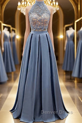 High Neck Two Pieces Blue Lace Long Prom Dresses, 2 Pieces Blue Lace Formal Dresses, Blue Evening Dresses