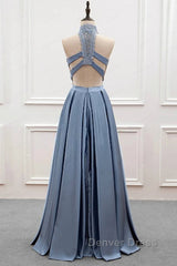 High Neck Two Pieces Blue Lace Long Prom Dresses, 2 Pieces Blue Lace Formal Dresses, Blue Evening Dresses