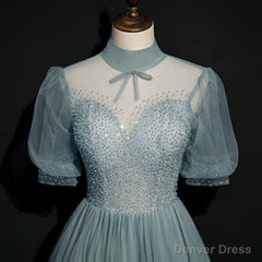 High Quality Beaded Short Sleeves Formal Dress, Tulle A-line Party Dress Prom Dress
