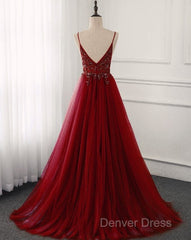 High Quality Burgundy Straps Beaded Long Party Dresses, Long Junior Prom Dresses