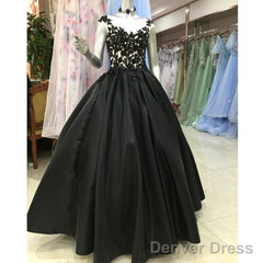 High Quality Satin With Lace Applique Round Neckline Formal Gown, Black Party Dresses Prom Dress