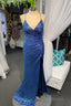 High Slit Blue Sequins Straps Mermaid Prom Gowns,Ball Gown Prom Dresses