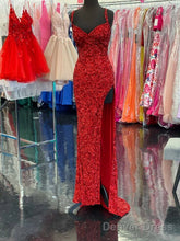 High Slit Sequin Red Prom Dresses Long V Neckline Mermaid Evening Dress