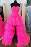 High Low Hot Pink Strapless Prom Gowns