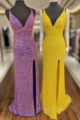 Hight Slit Yellow Sequins Halter Prom Dresses
