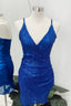 Royal Blue Sequins Deep V Neck Faux Wrap Homecoming Dresses