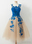Homecoming Dress Elegant V Neck A Line Blue Appliques Tulle Knee length Homecoming Dresses