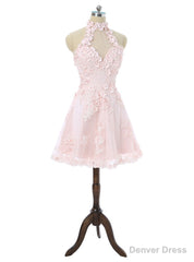 Homecoming Dresses A-line Halter Knee Length Flowers Appliques