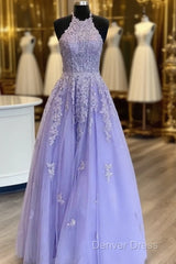 Hot Halter Purple Prom Dresses Lace Long Graduation Evening Dresses