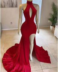 Hot Long Red Prom Dresses High Neck Satin Mermaid Evening Dresses Uk Split