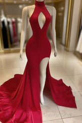 Hot Long Red Prom Dresses High Neck Satin Mermaid Evening Dresses Uk Split