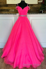 Hot Pink Beaded Cold-Shoulder A-Line Prom Dresses
