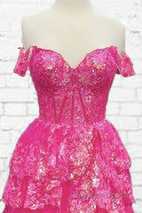 Hot Pink Lace Off Shoulder Tiered Prom Dresses With Slit
