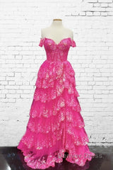 Hot Pink Lace Off Shoulder Tiered Prom Dresses With Slit
