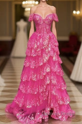 Hot Pink Lace Off Shoulder Tiered Prom Dresses With Slit