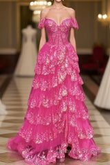 Hot Pink Lace Off Shoulder Tiered Prom Dresses With Slit