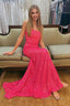 Hot Pink Lace Up Back Sequins Prom Dresses