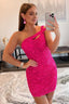 Hot Pink Open Back One Shoulder Tight Sequins Homecoming Dresses