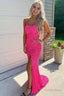 Hot Pink Prom Dresses Sparkly Mermaid Sequined Sleeveless Long Prom Gowns with Slit