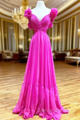 Hot Pink Ruffles Lace-Up Back A-Line Prom Dresses, Formal Evening Dresses