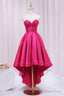 Hot Pink Satin High Low Prom Dress, Cute Sweetheart Neck Prom Dresses