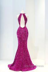 Hot Pink Sequins Long Prom Dresses, Mermaid Backless Evening Dresses