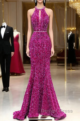 Hot Pink Sequins Long Prom Dresses, Mermaid Backless Evening Dresses
