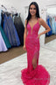 Hot Pink Sequins Mermaid Prom Dresses with Fringes