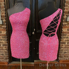 Hot Pink Sequins Tight One Shoulder Homecoming Dress