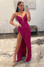 Hot Pink Strapless Sequin Prom Dresses with Slit