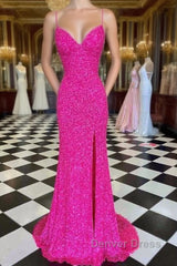 Hot Pink Straps Prom Dresses With Slit
