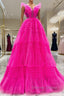 Hot Pink Tulle Long Prom Dress, Hot Pink Long Prom Graduation Dresses